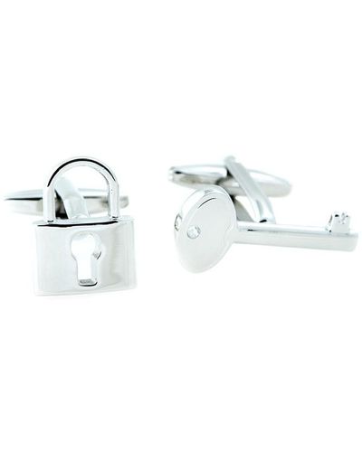 Bey-berk Rhodium Plated Lock & Key Design Cufflinks - White
