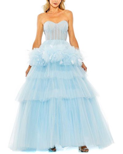 Mac Duggal Strapless Tulle Gown With Feather Detail - Blue