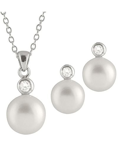 Splendid Silver 8-8.5mm Freshwater Pearl & Cz Earrings & Necklace Set - White