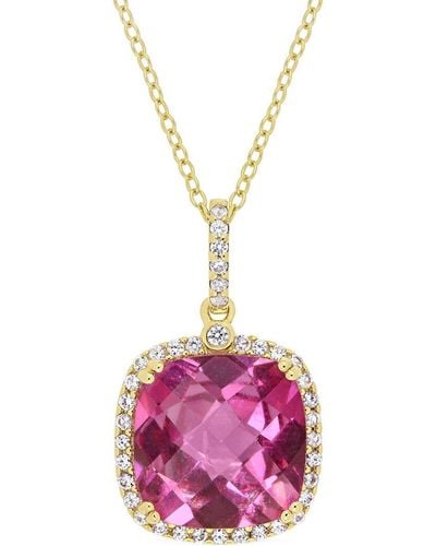 Rina Limor Gold Over Silver Silver 8.38 Ct. Tw. Pink Topaz & White Sapphire Halo Pendant Necklace