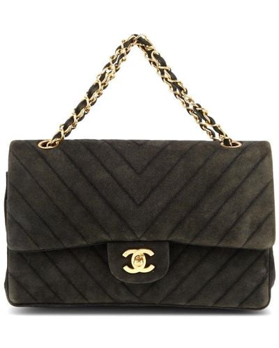 Chanel Chevron Suede Medium Classic Double Flap (Authentic Pre-Owned) - Black