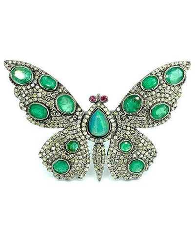 Arthur Marder Fine Jewelry Silver 7.00 Ct. Tw. Diamond & Emerald Butterfly Ring - Green