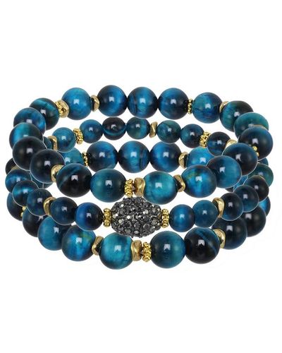 Rachel Reinhardt Jewelry Blue Tiger's Eye & Crystal Fireball Set Of 3 Stretch Bracelets