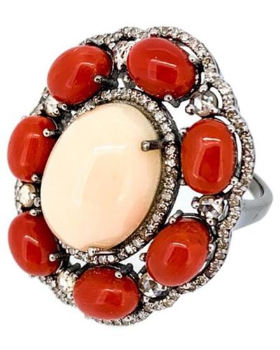 Arthur Marder Fine Jewelry Silver 1.50 Ct. Tw. Diamond & Coral Ring - Red