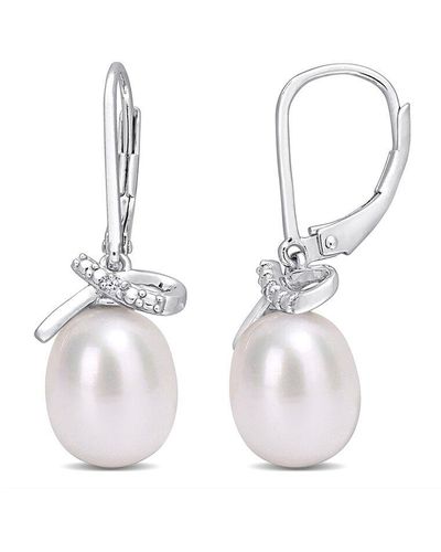 Rina Limor Silver 0.02 Ct. Tw. Diamond 7.5-8mm Pearl Earrings - White