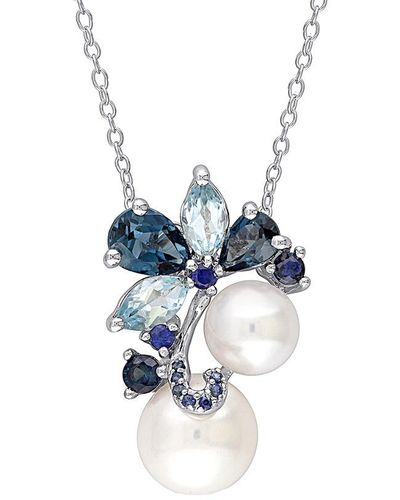 Pearls Delmar Silver Gemstone & 7-7.5mm Pearl Necklace - Blue