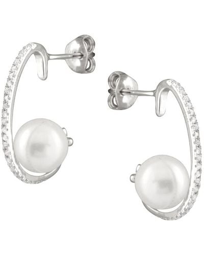 Splendid Rhodium Plated Silver 8-8.5mm Shell Pearl Drop Earrings - Metallic