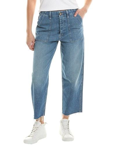 Mother Denim Patch Pocket Private On The Right Track Linen-blend Ankle Fray Jean - Blue