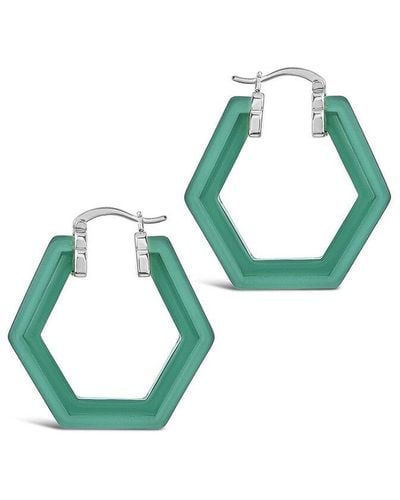 Sterling Forever Rhodium Plated Resin Forest Hex Hoops - Green