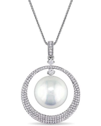Pearls 14k 1.00 Ct. Tw. Diamond & 13-13.5mm South Sea Pearl Floating Halo Pendant - White
