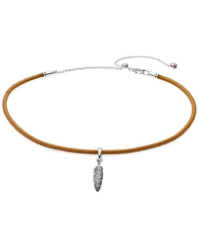 PANDORA Silver & Golden Tan Leather Choker With Feather Charm Necklace - White