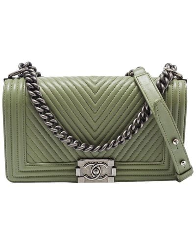 Chanel Quilted Leather Chevron Medium Boy Double Flap Bag (Authentic Pre-Owned) - Green