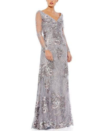 Mac Duggal Embellished V Neck Illusion Gown - Gray