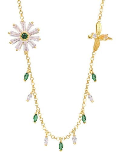Gabi Rielle Gold Over Silver Cz Daisy & Bee Baguette Pendant Necklace - Metallic