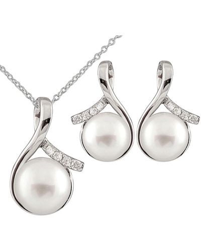 Splendid Silver 8-10mm Freshwater Pearl & Cz Earrings & Necklace Set Set - Metallic
