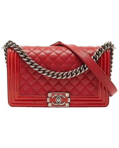 Chanel Quilted Patent Leather Boy Flap Bag (Authentic Pre-Owned) - Red