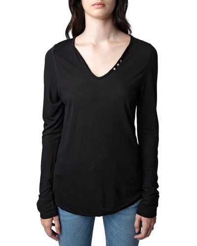Zadig & Voltaire Tunisien Ml Boutons Bijoux Wool-blend T-shirt - Black