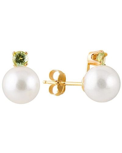 Masako Pearls 14k 0.10 Ct. Tw. Peridot & 7-8mm Akoya Pearl Earrings - Metallic