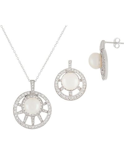 Splendid Rhodium Plated 7.5-8mm Pearl & Cz Necklace & Earrings Set - White