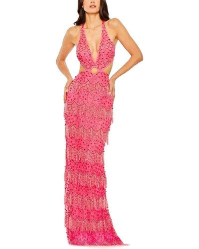 Mac Duggal Open Back Cut Out Fringe Embellished Gown - Pink