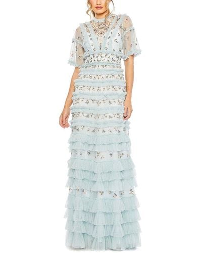 Mac Duggal High Neck Ruffle Tiered Floral Gown - White