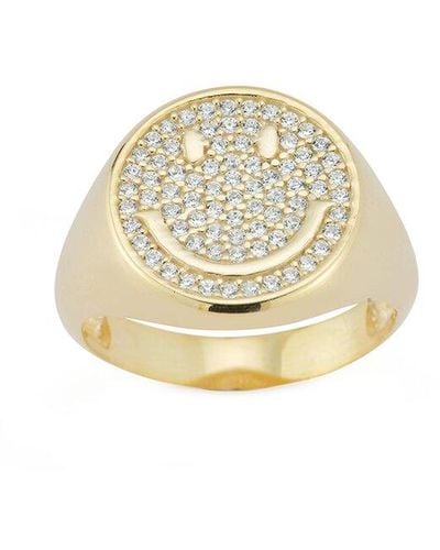 Sphera Milano 14k Over Silver Pave Smiley Face Signet Ring - White