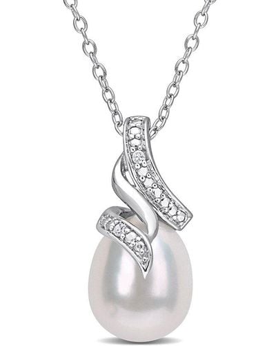 Rina Limor Silver 0.02 Ct. Tw. Diamond 8.5-9mm Pearl Twisted Drop Pendant Necklace - White