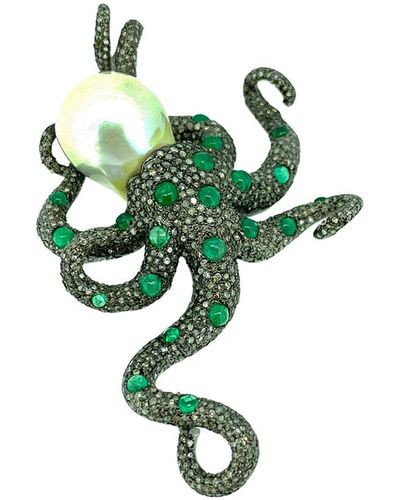 Arthur Marder Fine Jewelry Silver 6.70 Ct. Tw. Diamond, Emerald & Pearl Necklace - Green