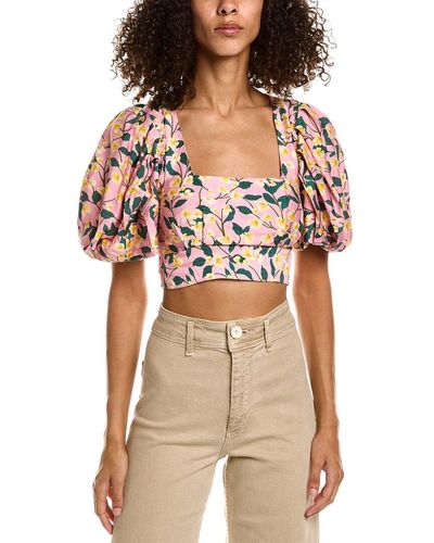 Moon River Square Neck Puff Sleeve Top - Natural