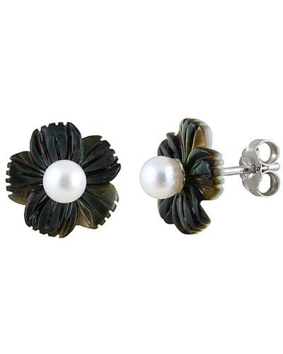 Splendid Silver 3-.5-4mm Mother-of-pearl Flower Earrings - Black