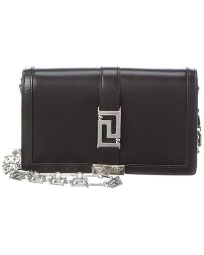 Versace Greca Mini Leather Wallet On Chain - Black