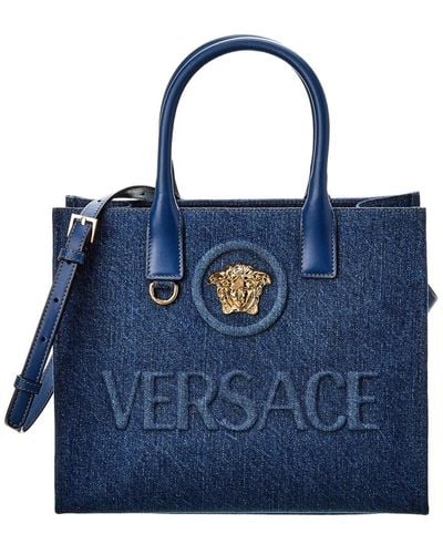 Versace La Medusa Small Denim & Leather Tote - Blue