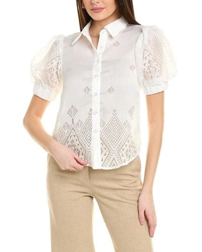 Gracia Sheer Graphic Puff Sleeve Shirt - White