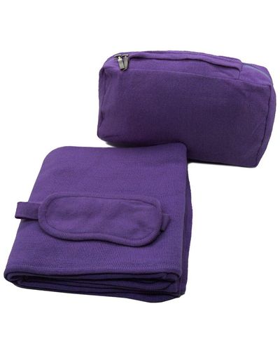 Portolano Travel Wrap/throw, Eyemask And Zipper Bag With Handle In Solid Color - Purple