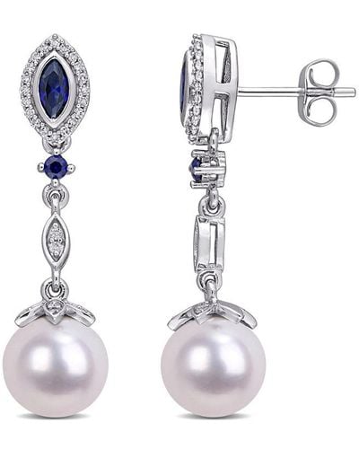 Rina Limor 10k 0.53 Ct. Tw. Diamond & Blue Sapphire 8.5-9mm Pearl Drop Earrings - Multicolor