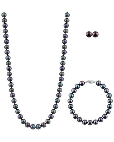 Splendid Silver 7-7.5mm Freshwater Pearl Bracelet, Earrings, & Necklace Set - Metallic