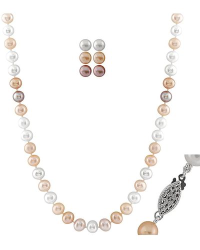Splendid Rhodium Plated 7-8mm Freshwater Pearl Necklace & Earrings Set - White