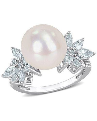 Rina Limor Silver 1.30 Ct. Tw. Diamond & Aquamarine 11-12mm Pearl Flower Ring - White