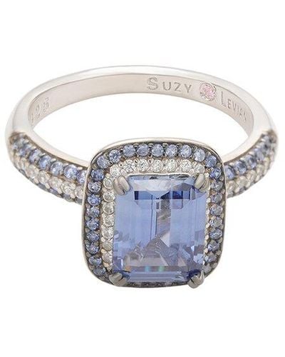 Suzy Levian Silver Sapphire Halo Ring - Blue