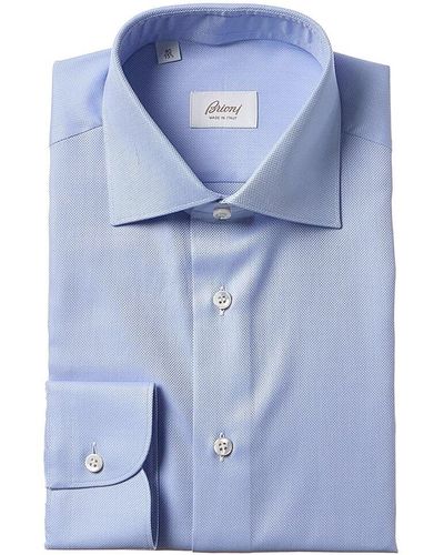Chemise Brioni Manches Longues En Coton - Rayures Bleu Et Blanc, Poignets Mousquetaires - Taille L (col 17")