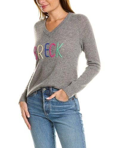 Hannah Rose Breck Embroidery V-neck Cashmere Pullover - Gray