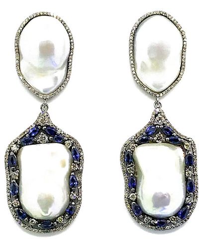 Arthur Marder Fine Jewelry 14k & Silver 4.15 Ct. Tw. Diamond, Sapphire, & 10-20mm Pearl Earrings - Metallic