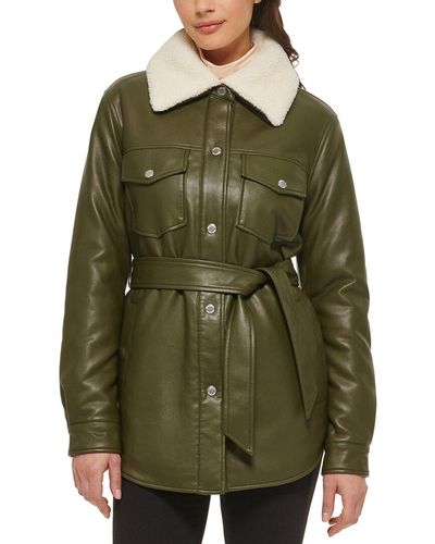 Kenneth Cole Mixed Media Belted Shacket - Green