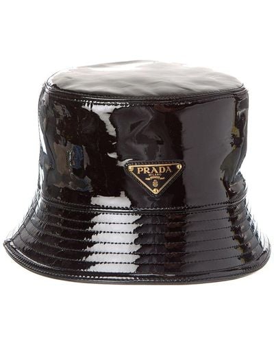 Prada Triangle Logo Leather Bucket Hat - Black