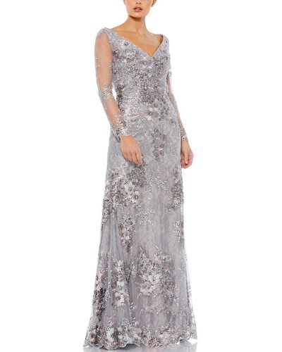 Mac Duggal Embellished V Neck Illusion Gown - Gray