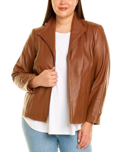 Cole Haan Plus Zip Front Leather Jacket - Brown