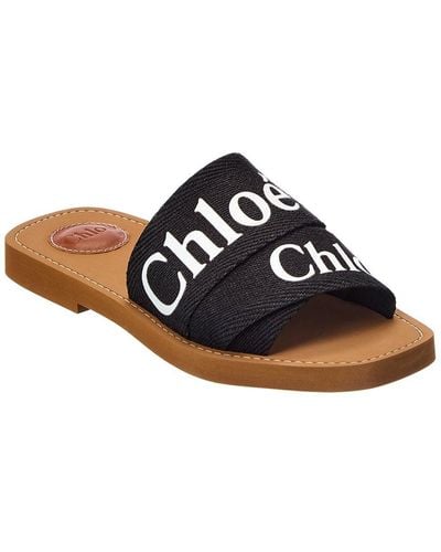 Chloé Woody Logo Linen Slides - Black