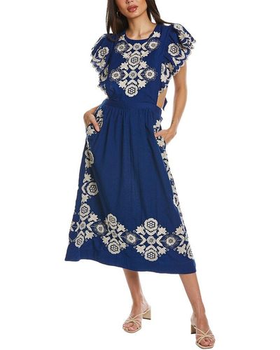 Sea Manuela Apron Linen-blend Midi Dress - Blue