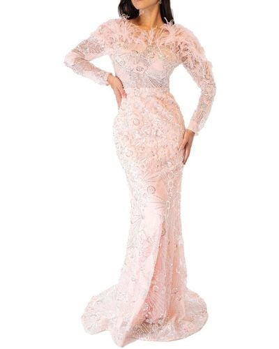 Terani Silver Fishtail Embellished Gown - Pink