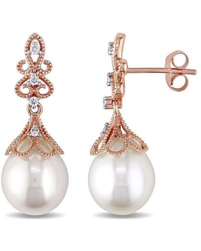 Pearls 14k Rose Gold 0.1 Ct. Tw. Diamond 9-9.5mm Pearl Drop Earrings - White